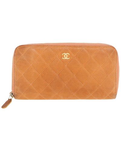 Chanel Quilted Suede Single Flap Cc Zip Around Wallet (Authentic Pre-Owned) - Orange