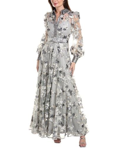 Badgley Mischka Embroidered Tulle Gown - White