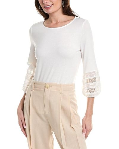 Anne Klein Harmony Lace-trim Balloon Sleeve Top - White