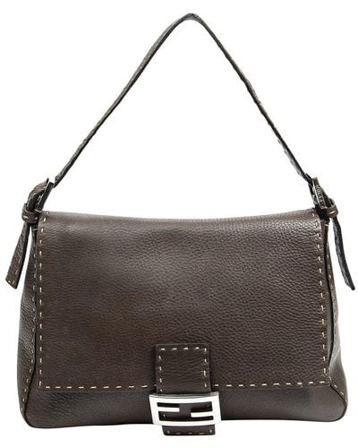 Fendi Chocolate Grained Leather Selleria Mama Baguette (Authentic Pre- Owned) - Grey