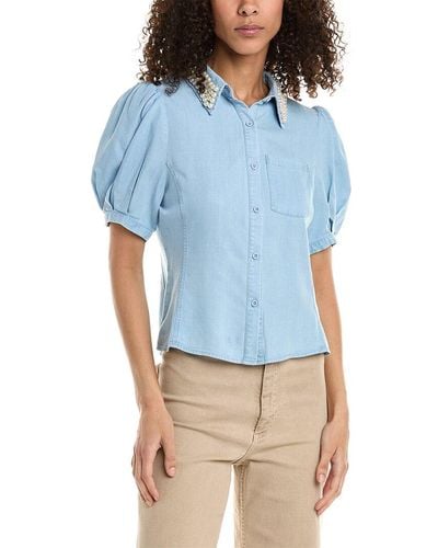 Stellah Pearl Embellished Button-down Top - Blue