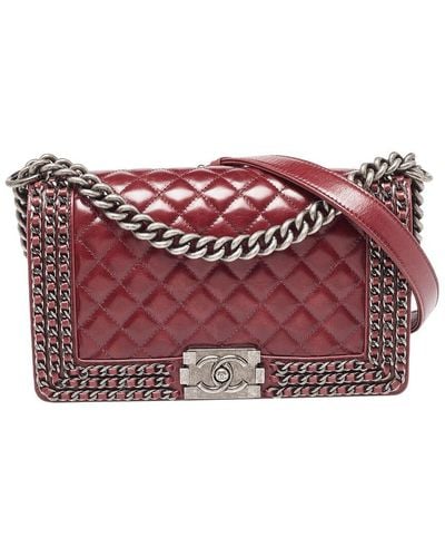 Chanel Quilted Leather Medium Interlaced Chained Boy Double Flap Bag (Authentic Pre-Owned) - Purple