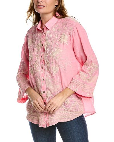 Johnny Was Devere Kimono Sleeve Linen Shirt - Pink