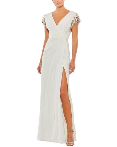 Mac Duggal Beaded Cap Sleeve Faux Wrap Jersey Gown - White