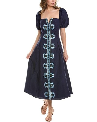 Sachin & Babi Embroidered Shannon Linen-Blend Midi Dress - Blue