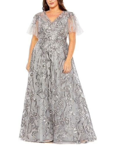 Mac Duggal High Neck Flutter Sleeve Embellished A Ling Gown - Gray
