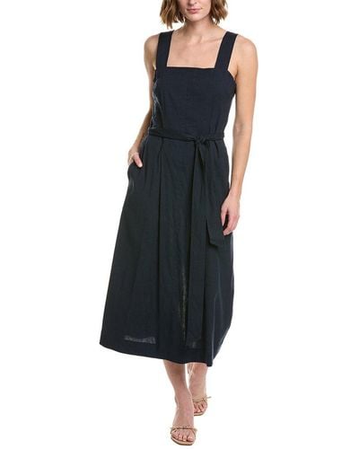 Vince Belted Square Neck Linen-blend Midi Dress - Black