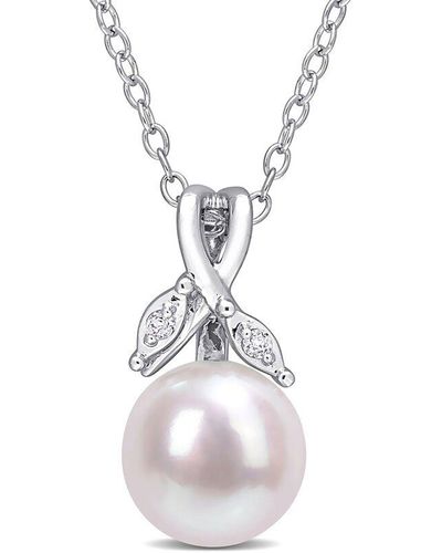 Rina Limor Silver 0.02 Ct. Tw. Diamond 7.5-8mm Pearl Drop Pendant Necklace - White