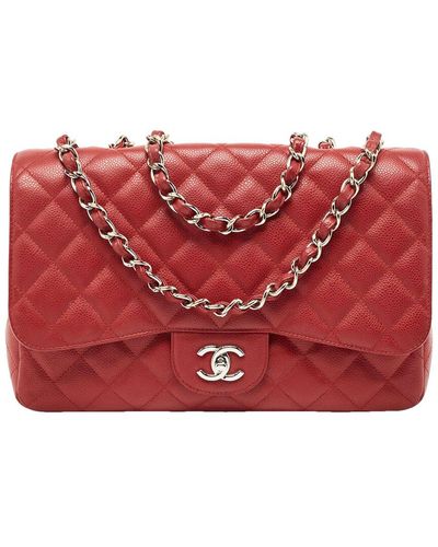 Chanel Quilted Caviar Leather Jumbo Classic Single Double Flap Bag (Authentic Pre-Owned) - Red