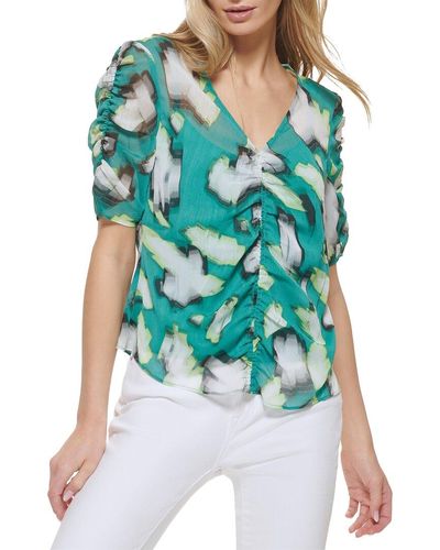 DKNY Printed Ruched Front Top - Green