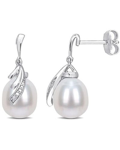 Rina Limor Silver 0.02 Ct. Tw. Diamond 8-8.5mm Pearl Feather Earrings - White