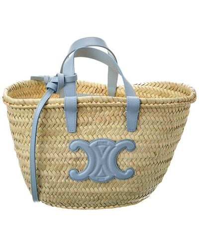 Celine Triomphe Classic Panier Straw & Leather Tote - Blue