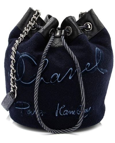 Chanel Wool Nylon Paris-Hamburg Drawstring Bucket Bag (Authentic Pre-Owned) - Blue