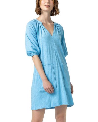 Lilla P 3/4 Sleeve Split Neck Dress - Blue