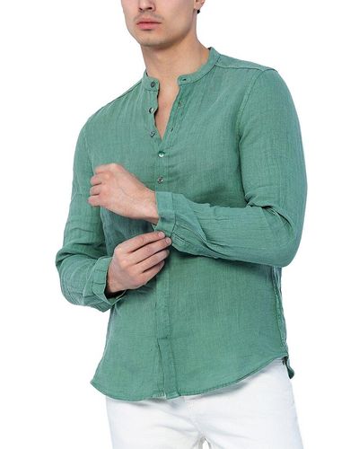 Ron Tomson Band Collar Fitted Linen Button Down Shirt - Green