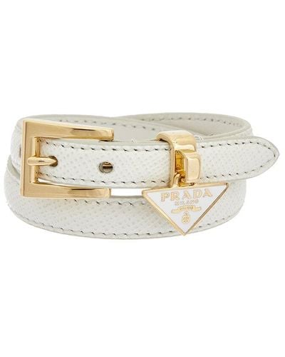 Prada Logo Triangle Buckled Leather Bracelet - White