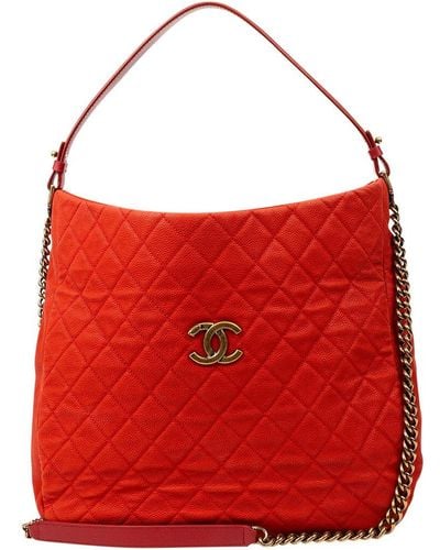 Chanel Quilted Caviar Leather Shopper Hobo (Authentic Pre-Owned) - Red