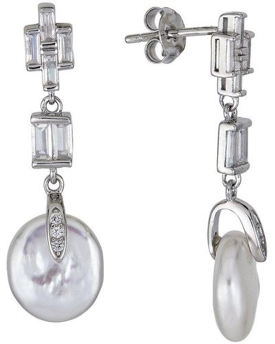 Belpearl Silver 11-12mm Pearl Cz Dangle Earrings - Metallic
