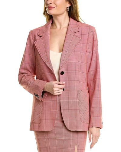 Pink Tartan Tailored Patch Pocket Wool-blend Blazer - Pink