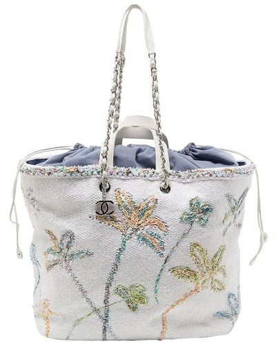 Chanel Fabric & Leather & Lurex Fabric Knitted Floral Large Drawstring Shopper Tote (Authentic Pre-Owned) - Grey