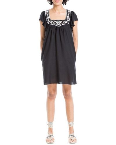 Max Studio Embroidered Flutter Sleeve Short Dress - Black
