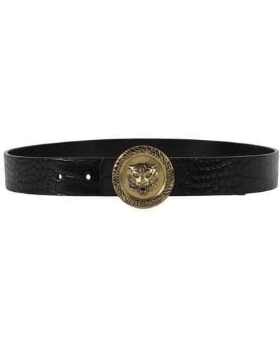 Just Cavalli Tiger Round Logo Leather Belt - Black