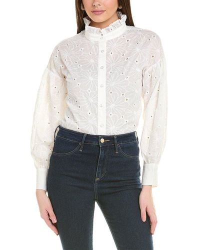 Gracia Floral Embroidered Hick-neck Frill Shirt - White