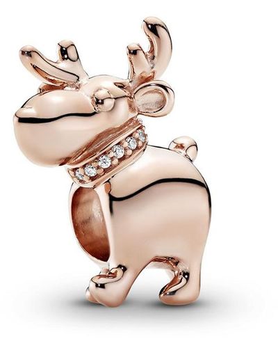 PANDORA Rose 14k Rose Gold Plated Cz Reindeer Holiday Charm - Multicolour