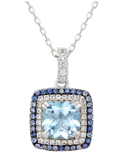 Suzy Levian Silver 0.02 Ct. Tw. Diamond & Gemstone Double Halo Pendant - Blue