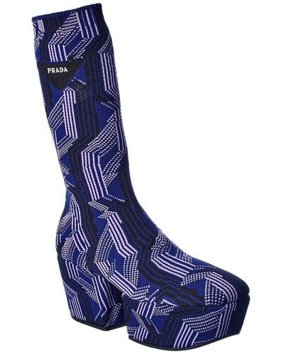 Prada Argyle Knit Stretch Platform Boot - Blue