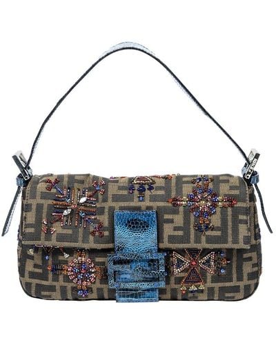 Fendi Limited Edition & Zucca-Print Canvas Embroidered Beaded Baguette (Authentic Pre-Owned) - Metallic