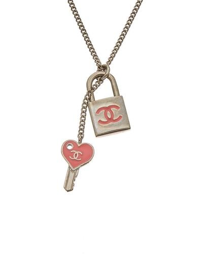 Chanel Silver-tone Pink Enamel Lock N Key Necklace - Metallic