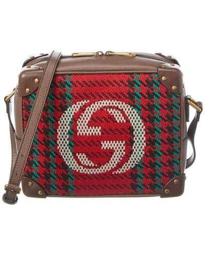 Gucci Houndstooth & Stripe Interlocking G Printed Wool & Leather Shoulder Bag - Red