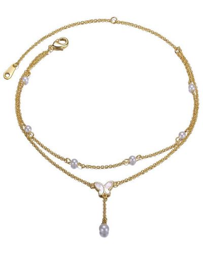 Genevive Jewelry 14k Plated 3-4mm Pearl Cz Ankle Bracelet - Metallic