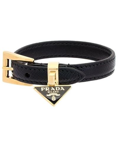 Prada Logo Plated Saffiano Leather Enamel Triangle Charm Bracelet - Black