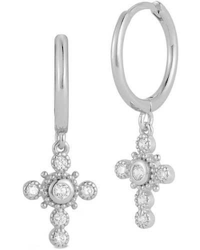 Glaze Jewelry Silver Cz Cross Huggie Earrings - White