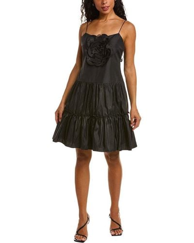 Zac Posen Floral-appliqué Tiered-skirt Woven Mini Dress - Black