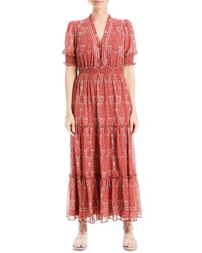 Max Studio V Neck Smocked Maxi Dress - Red