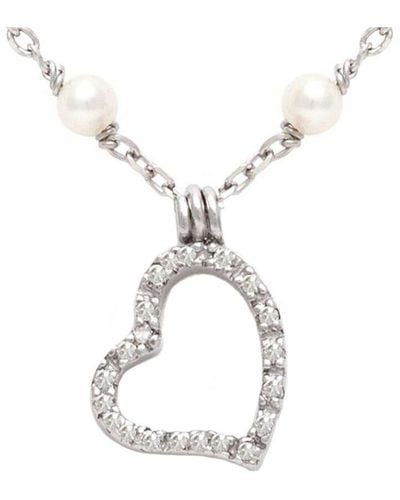 Jane Basch Silver 0.12 Ct. Tw. Diamond 2mm Pearl Heart Necklace - Metallic