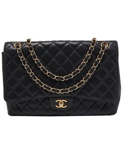 Chanel Quilted Caviar Leather Maxi Classic Single Double Flap Bag (Authentic Pre-Owned) - Black