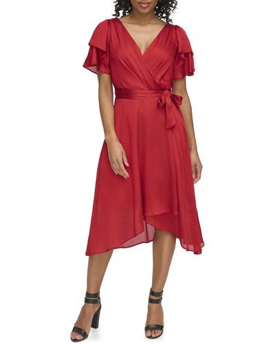 DKNY Short Flutter Sleeve Faux Wrap Dress - Red
