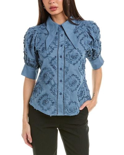 Gracia Flower Design Wing Collar Button-down Shirt - Blue