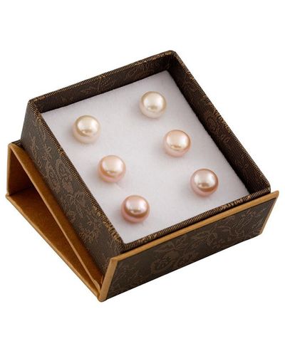 Splendid Splendid Freshwater Pearls Rhodium Plated 7-7.5mm Freshwater Pearl Set Of 3 Studs - Brown