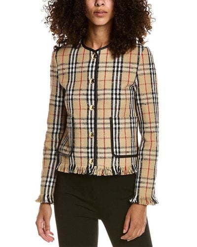 Burberry Vintage Check Boucle Collarless Leather-trim Wool-blend Jacket - Multicolour