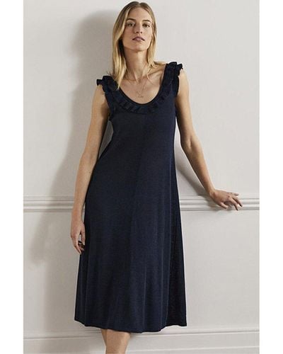 Boden Frill Neck Knit Linen-bend Midi Dress - Blue