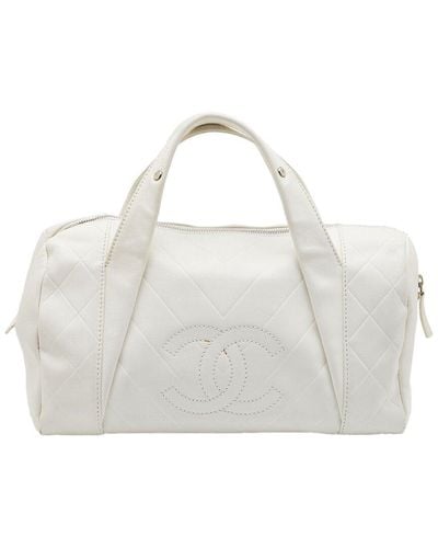 Chanel Off- Quilted Double Quilt Leather Bowler Bag (Authentic Pre-Owned) - White