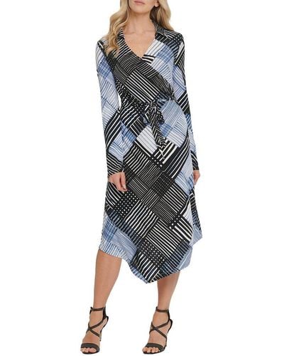 DKNY Printed Wrap Front Dress - Blue