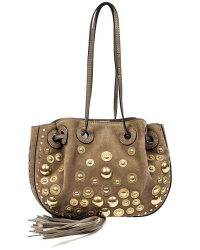 Chloé Light Suede Leather Small Studded Bucket Shoulder Bag (Authentic Pre-Owned) - Metallic