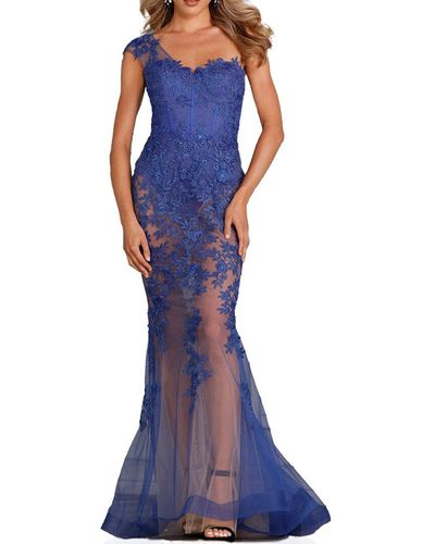 Terani Asymmetrical One Shoulder Long Dress - Blue