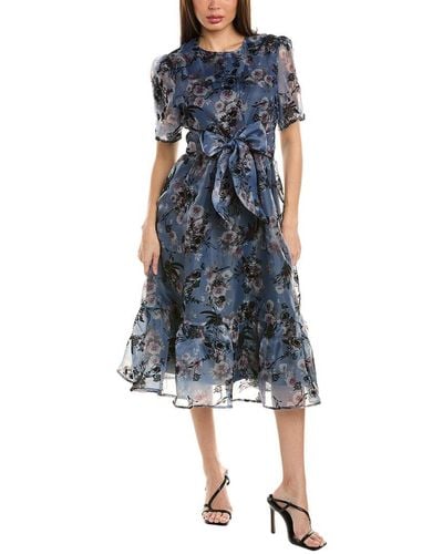 Gracia Sheer Floral Print A-line Dress - Blue